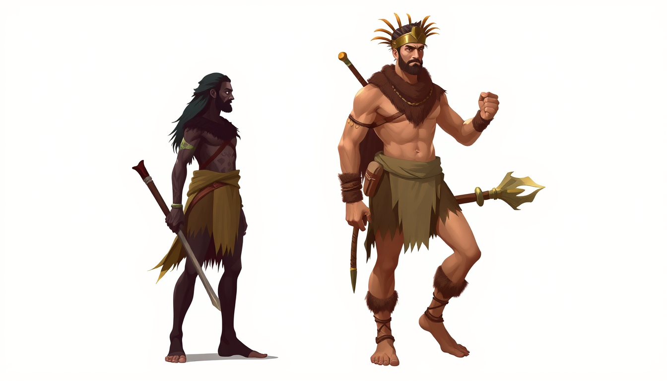 Characters idea: an original character defined by silhouette, role, outfit, palette, and expression, deliberate composition, Creame un personaje prehistorico de la era
