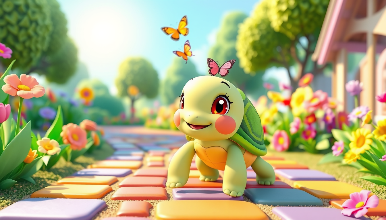 Main art studio: A cute tiny baby turtle named Tina walking slowly along a colorful garden path, taking small adorable steps. Tina has a round green shell, light green