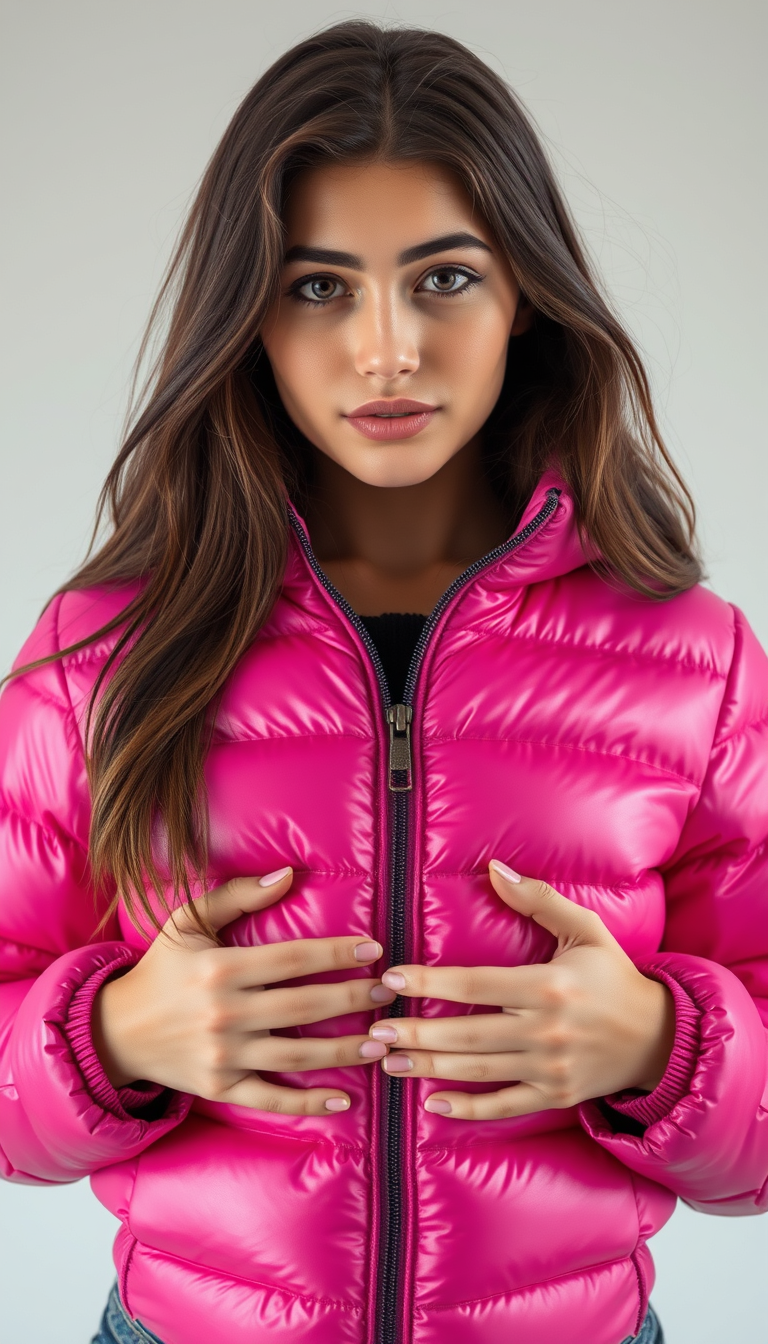Main art studio: Beautiful young adult woman with long hair, wearing a shiny fuchsia pink puffer jacket fully zipped up to the chin. She has a noticeably rounded, bloa