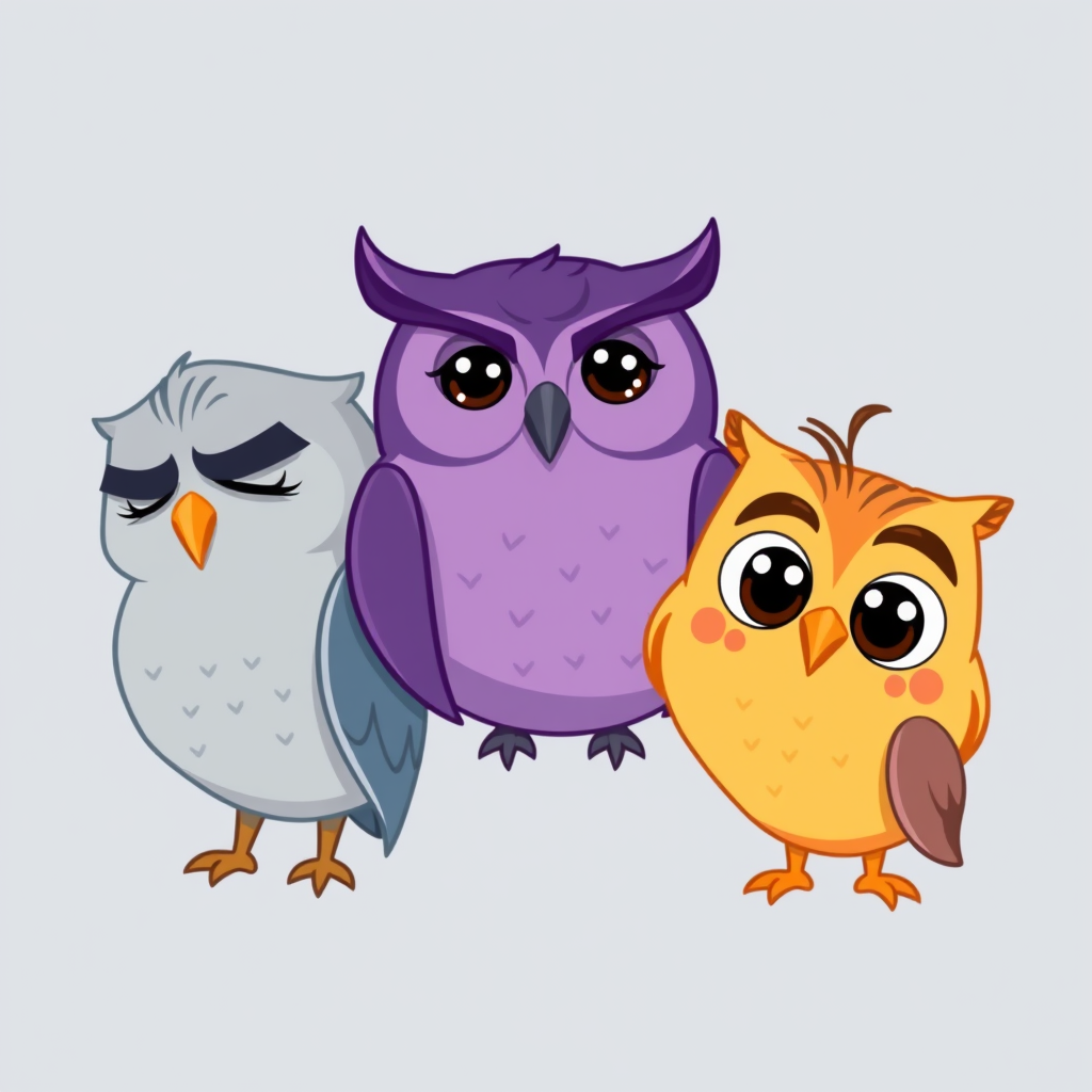 Main art studio: Exactly three cute cartoon owls, one head each, identical beak shape and size. All eyes visible. Left blue-gray: half-lidded eyes, slightly furrowed b