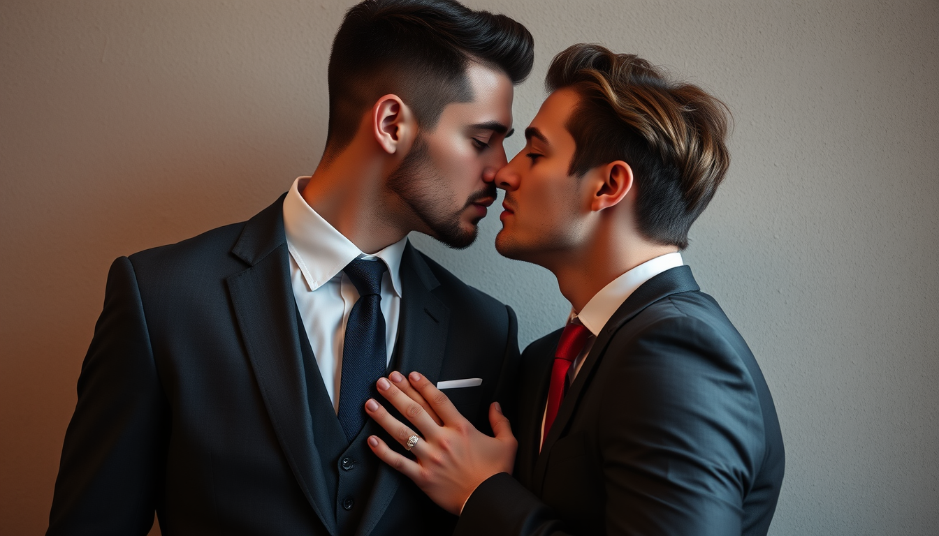 AI Art prompt example created from the prompt: make a man in a suit head to toe with another man right next to him in a suit. Make them sexy and full 3 piece with a crisp white shirt and 