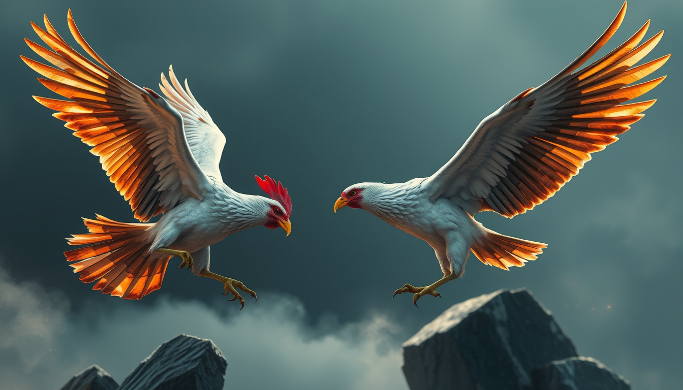 Main art studio: me podes hacer una imagen que pelea un gallo con super´poderes y un perro volando
