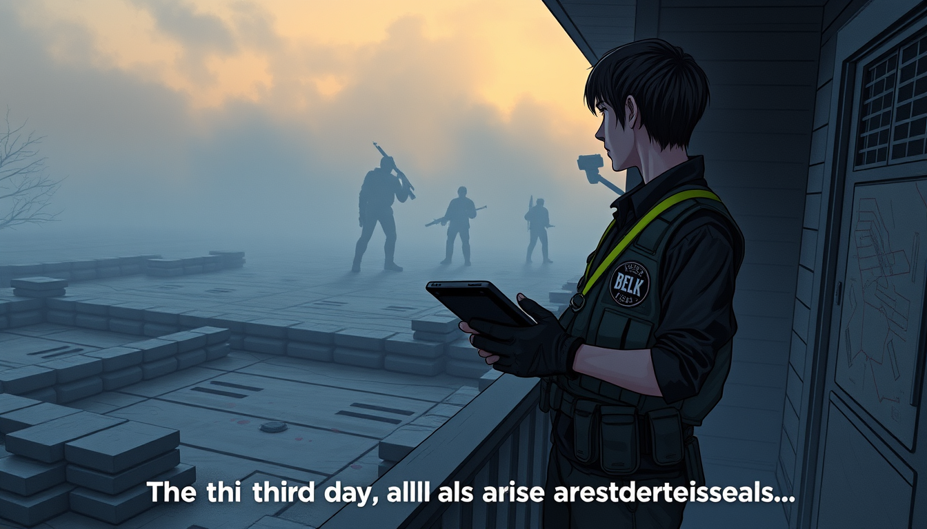 AI Art prompt example created from the prompt: Realistic graphic novel, cinematic, cold dawn, fog, long shadows. VerBeLka (30–35, short haircut, stray strands, tactical vest over dark shi