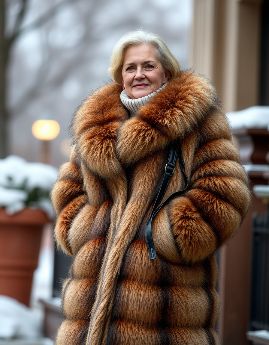 Main art studio: middle age woman with a full-figured body, wearing a big full-length luxurious fox fur coat