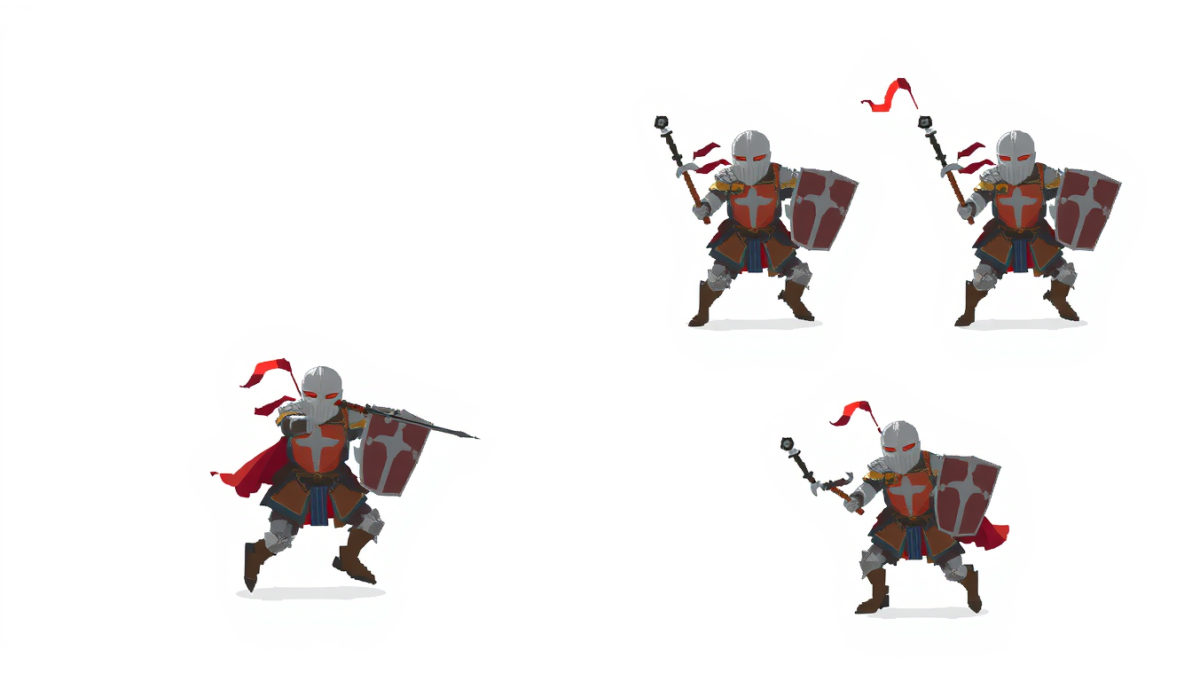 Game Asset idea: 2D game asset, clean isolated object, consistent art style, un chevalier en pixel art, qui peut avoir des mouvements, saut, marche, combat , game-read