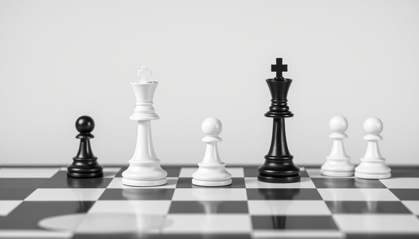 Main art studio: Minimalist vertical black-and-white chess poster. A realistic Staunton chessboard with a few realistic chess pieces, simple and fun composition, lots