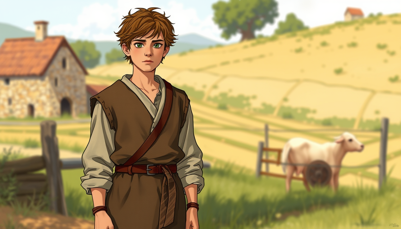 Characters idea: original character design, detailed outfit and accessories, expressive personality, A young French peasant from the Languedoc region near Carcassonne