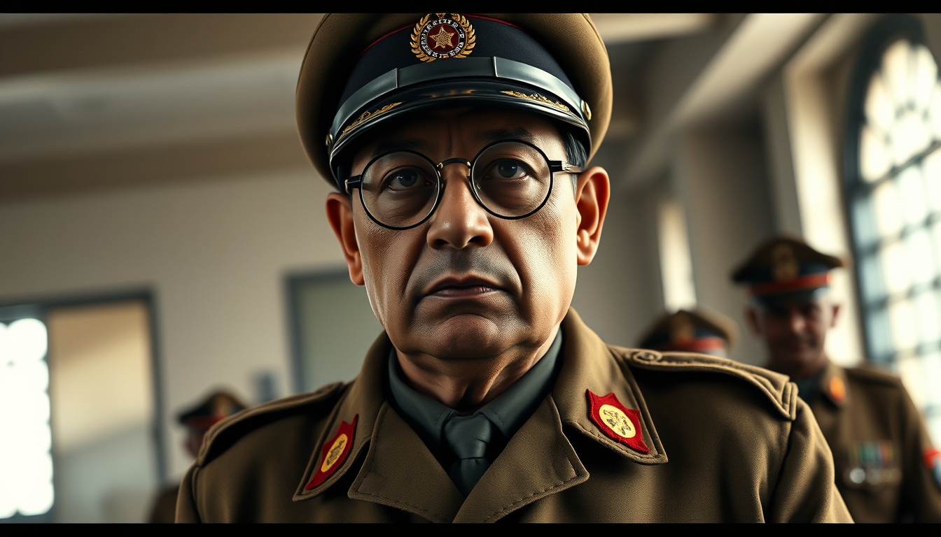 Main art studio: Ultra photorealistic cinematic 4K historical portrait of Netaji Subhas Chandra Bose, wearing his recognizable military uniform, round spectacles and m