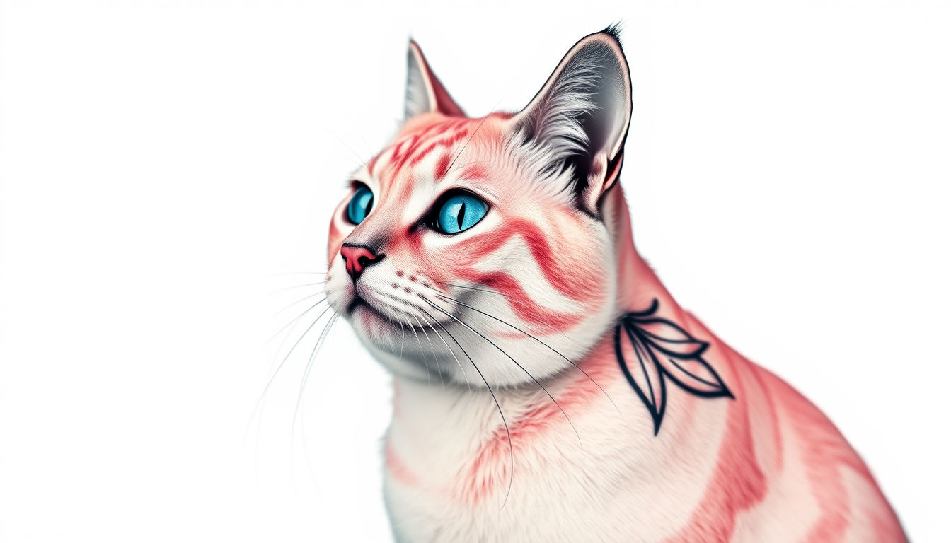 Main art studio: tattoo cat in light pink, light blue, white