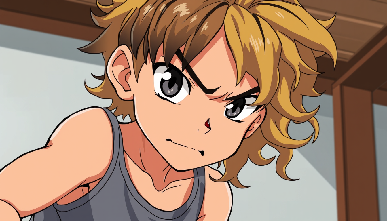 Anime idea: anime style, vibrant colors, expressive eyes, Tan dark dirty blonde curly long and wavy hair side profile side eye mad face light gray tank top and sh