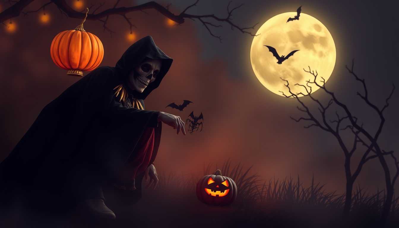 AI Art prompt example created from the prompt: tạo cho tôi 1 video về halloween khoảng 2-3p thôi. 1 quả bí ngô ngắm xung quanh. đêm xuống ma chơi lởn vởn ngoài sân. quỷ đi xin kẹo nhộn nh