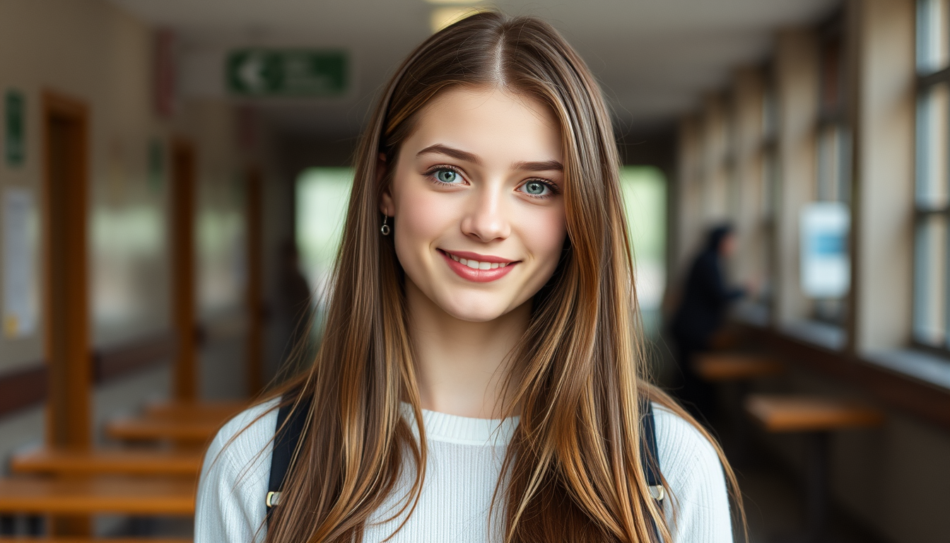 Main art studio: A beautiful 18-year-old female student named Emma, long brown hair, bright green eyes, kind face, shy but friendly expression, realistic cinematic pho