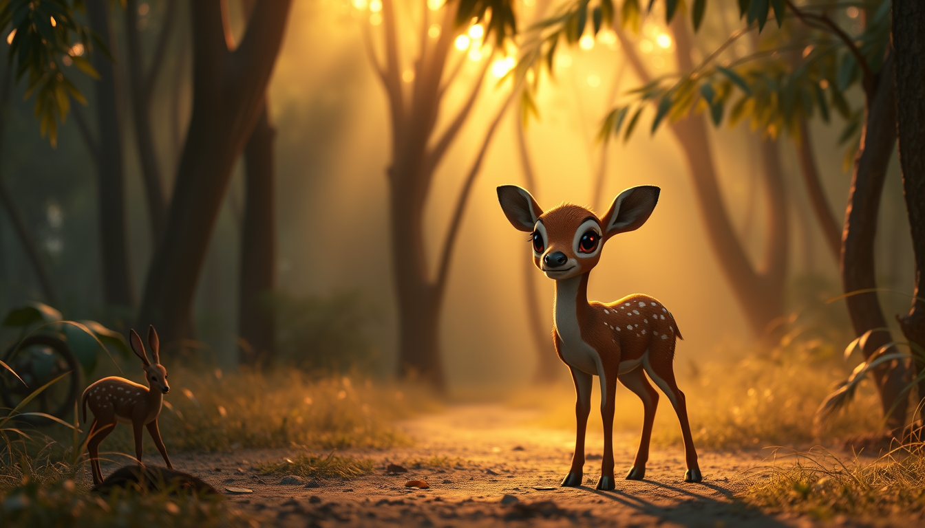 Main art studio: Vertical 9:16, a small adorable young deer standing alone in the same dense Indian jungle at sunrise, warm golden sunlight passing through the trees,