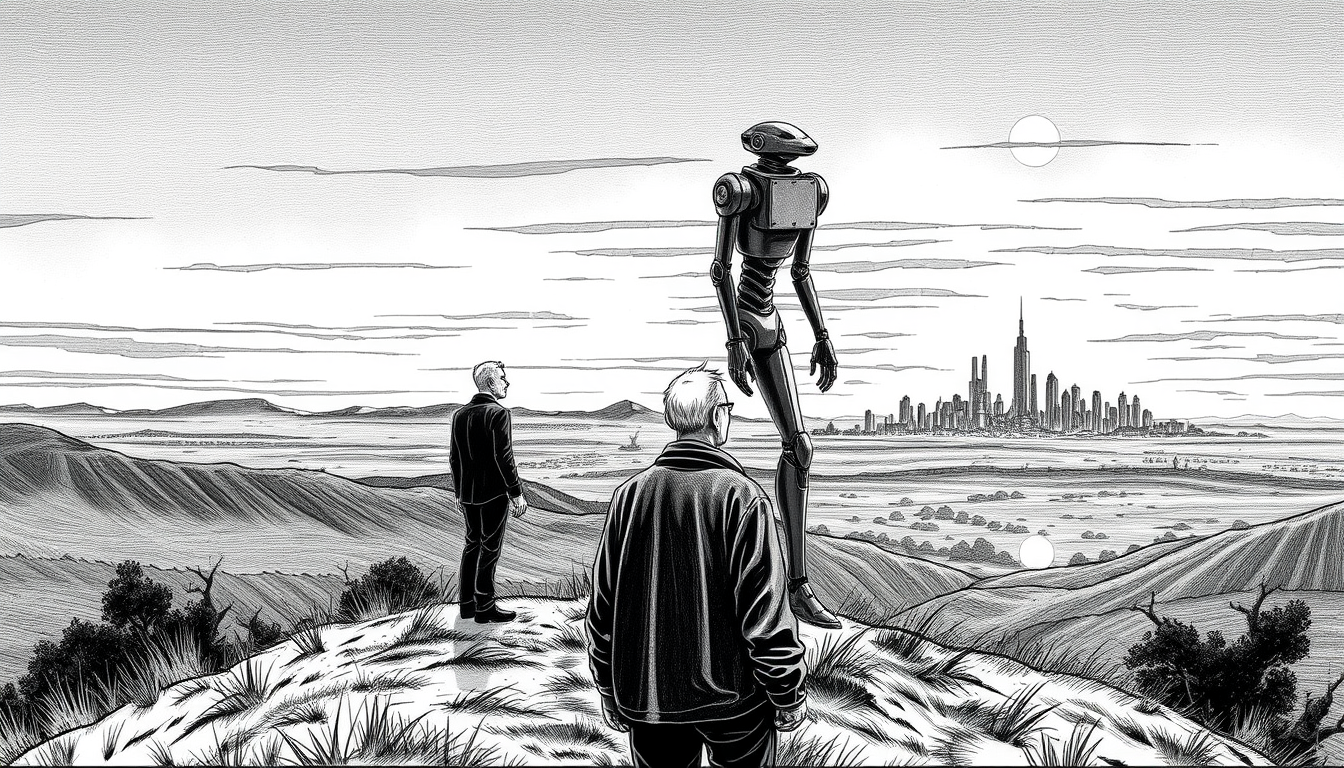 Manga idea created from the prompt: manga panel, black-and-white ink, screentone shading, expressive line weight, blame dystopia, elderly man and tall slim humanoid robot on a