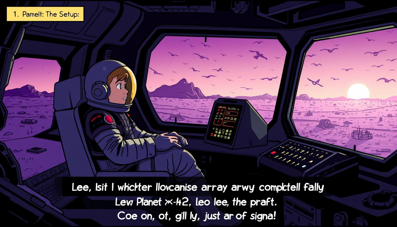 Main art studio: Panel 1: The Setup Visual: Leo, a young astronaut in a bulky spacesuit, sits inside a cramped, dimly lit control room of a crashed exploration pod. Ou