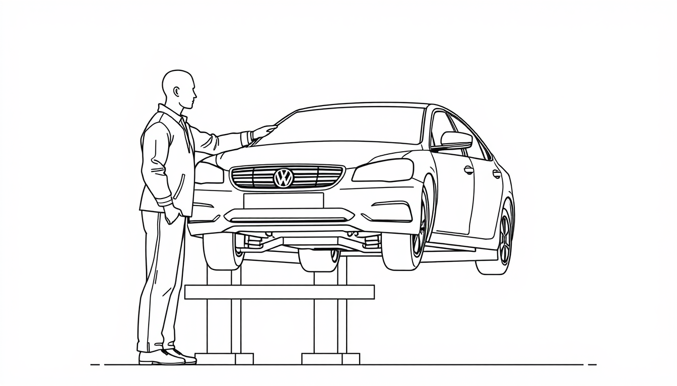 Main art studio: Minimalist editorial line-art. Two faceless people: an auto mechanic and a car owner, standing beside a single complete car on a lift. The mechanic po
