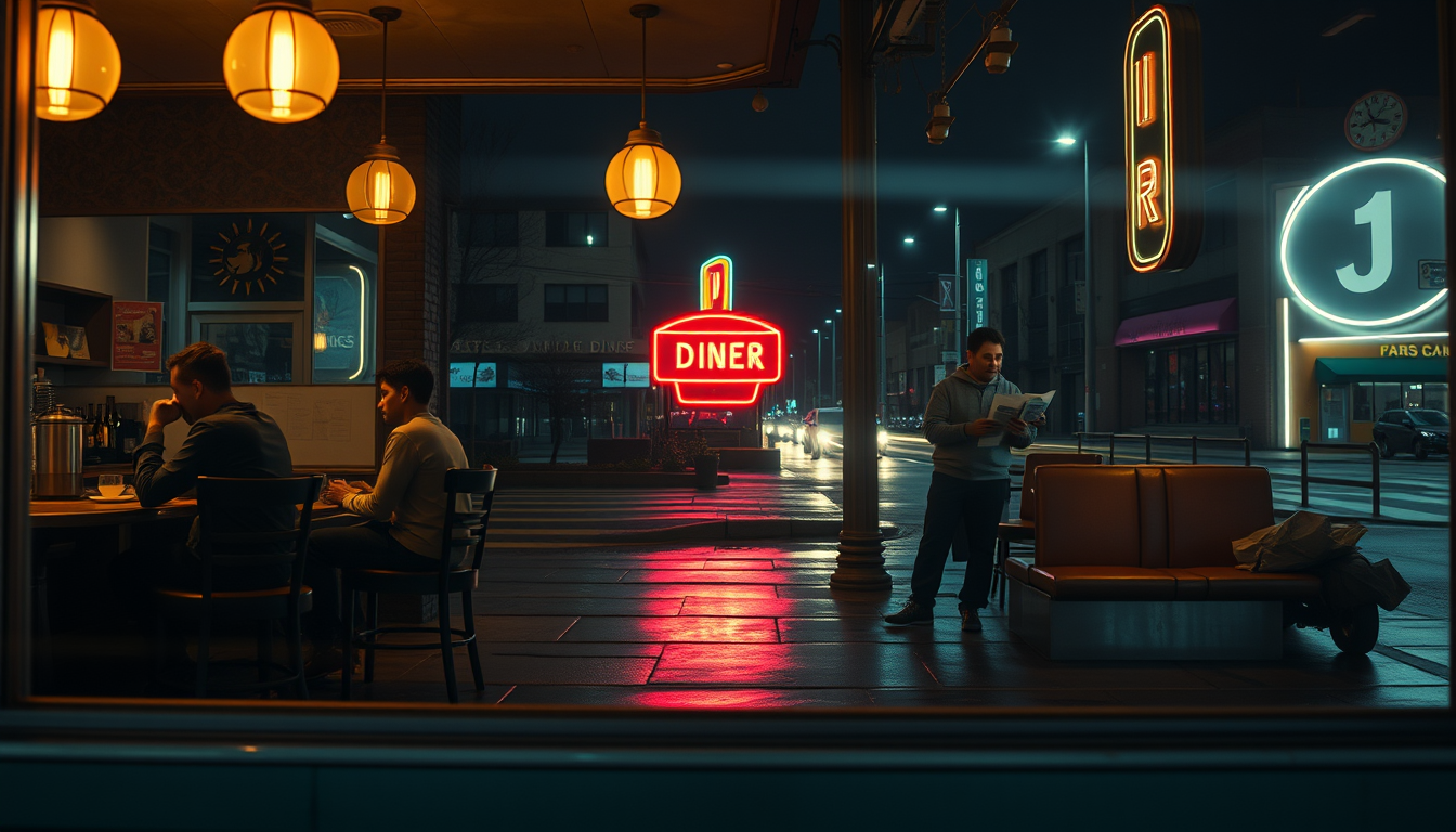 Main art studio: A cinematic late-night diner scene viewed from outside through a large glass window. Three strangers sit at the counter beneath warm hanging lights wh