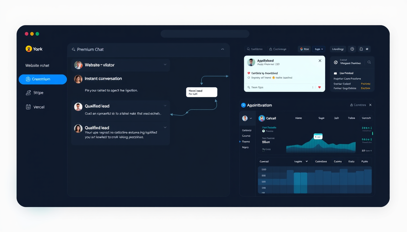 Main art studio: Premium dark mode SaaS product screenshot, 16:9. A lead conversion platform dashboard showing: website chat widget on the left, customer conversation