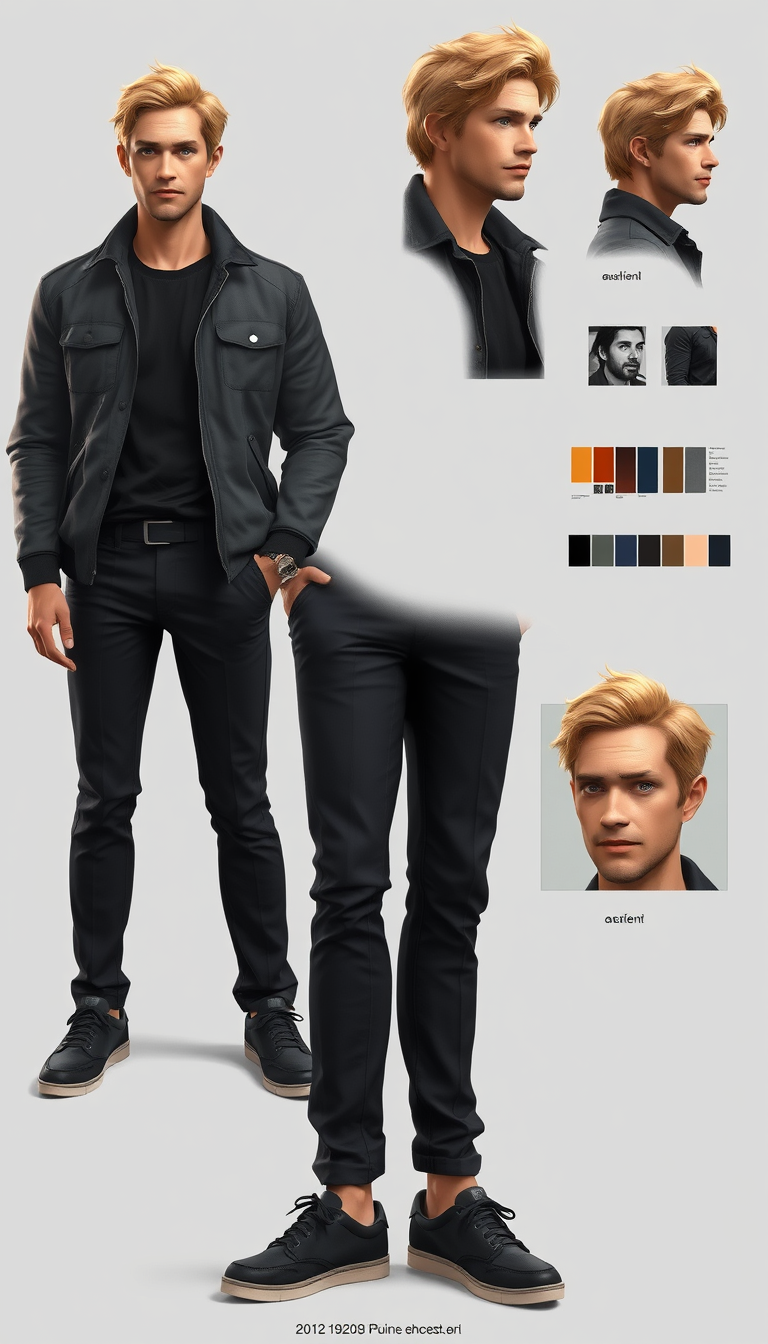 Character Sheet idea: a visual character reference sheet with a dominant full-body view, controlled details, palette swatches, and supporting expressions or accessories, de