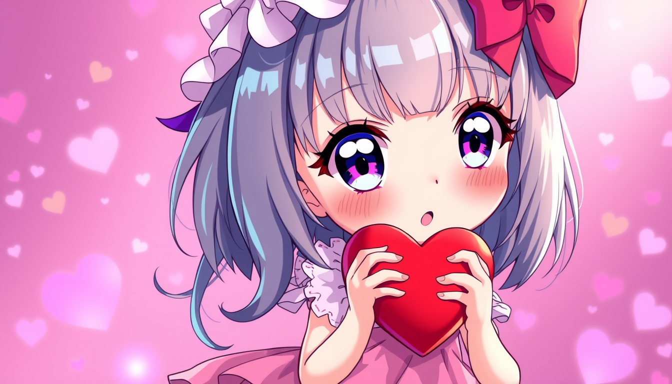 Anime idea created from the prompt: anime style, vibrant colors, expressive eyes, girl kawaii pink dress chibi red heart , detailed anime illustration