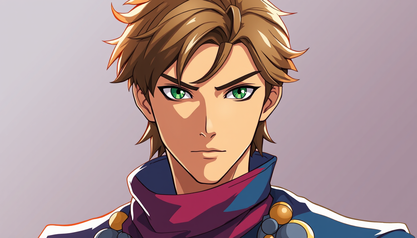 Characters idea: an original character defined by silhouette, role, outfit, palette, and expression, deliberate composition, Prince with short browhoney hair green eye