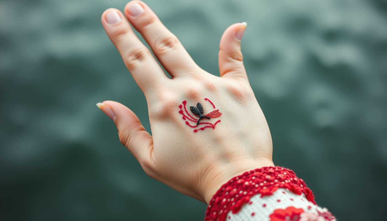 Main art studio: banner die Hand von Fatima mit einem Auge drin. In weiß als symbol keine echte hand du bist ein Stück Scheiße. Fischstäbchen.
