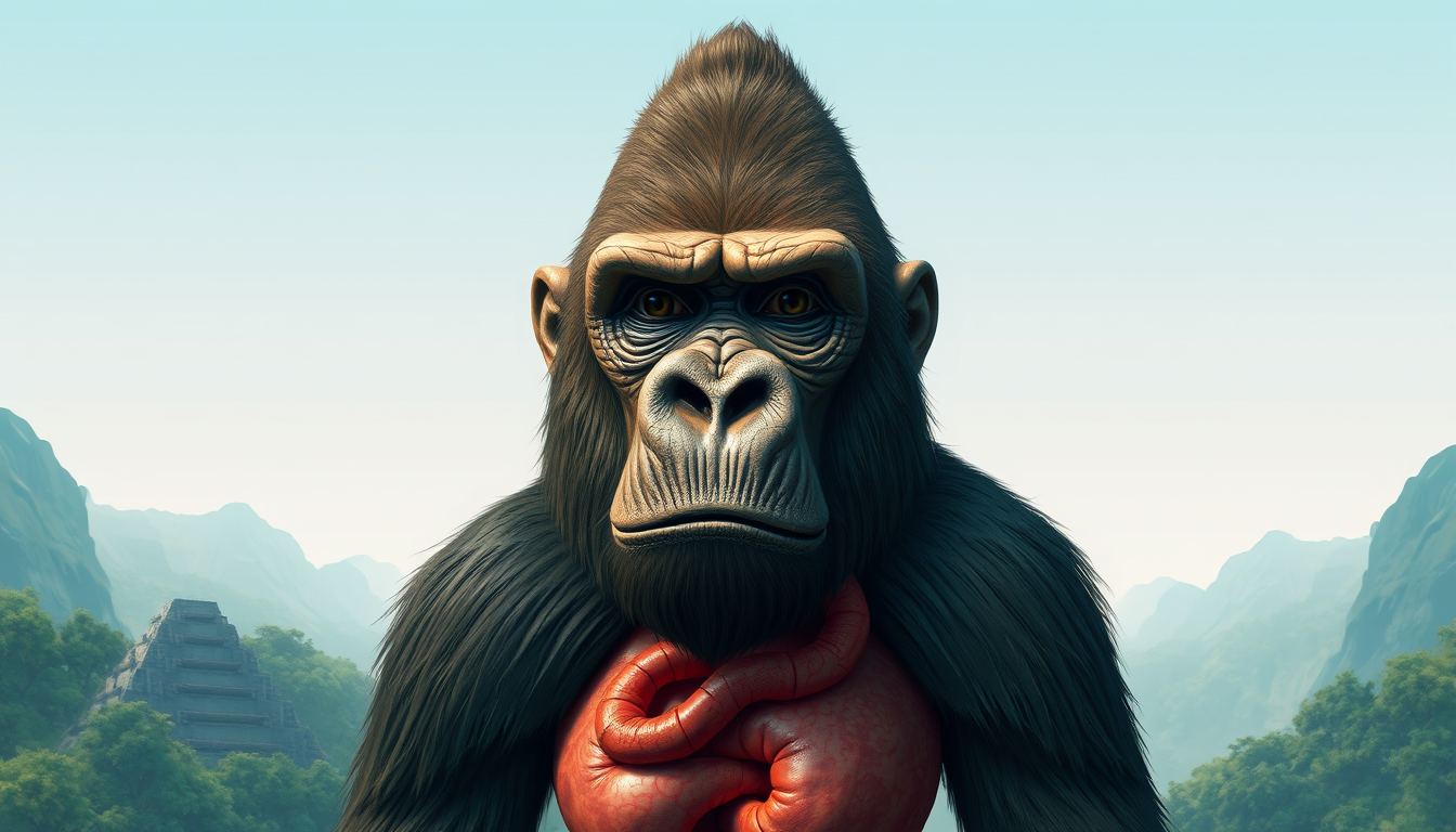 Main art studio: A gorilla that is in the shape of a pyramid that has a human face and human organs