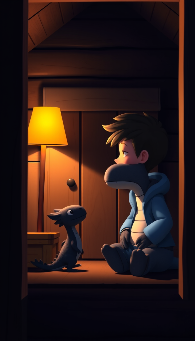 Characters idea: an original character defined by silhouette, role, outfit, palette, and expression, deliberate composition, 3D cartoon animation. Inside a small woode