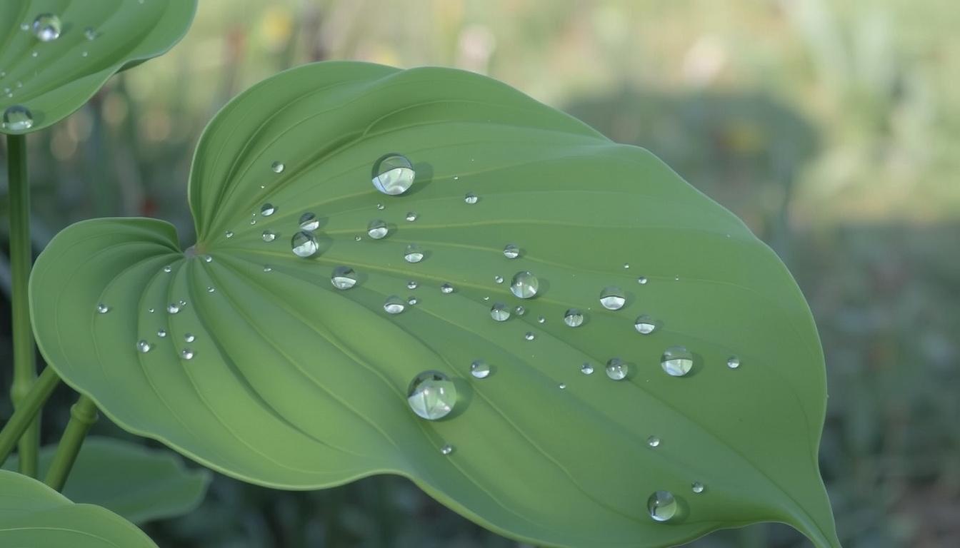 Main art studio: The camera slowly and smoothly pans across the surface of the hosta leaf. The dew drops tremble slightly, catching the early light and reflecting the