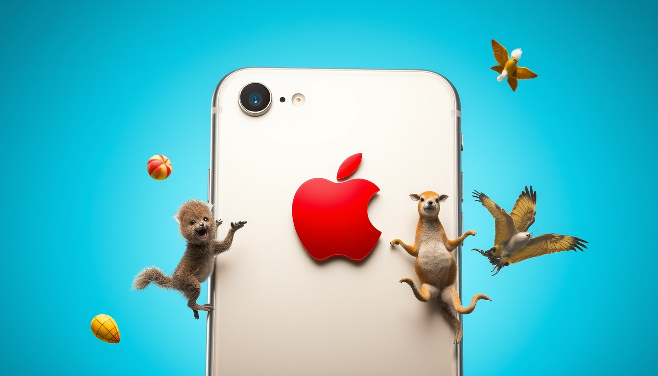 Main art studio: une image du dernier iPhone avec des décors apple et un peu d'actions avec des animaux