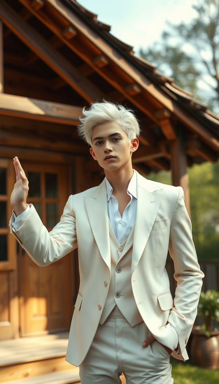 Main art studio: Make a teenage boy with white elegant hair and suit, he makes a hot girl totem in a wooden house