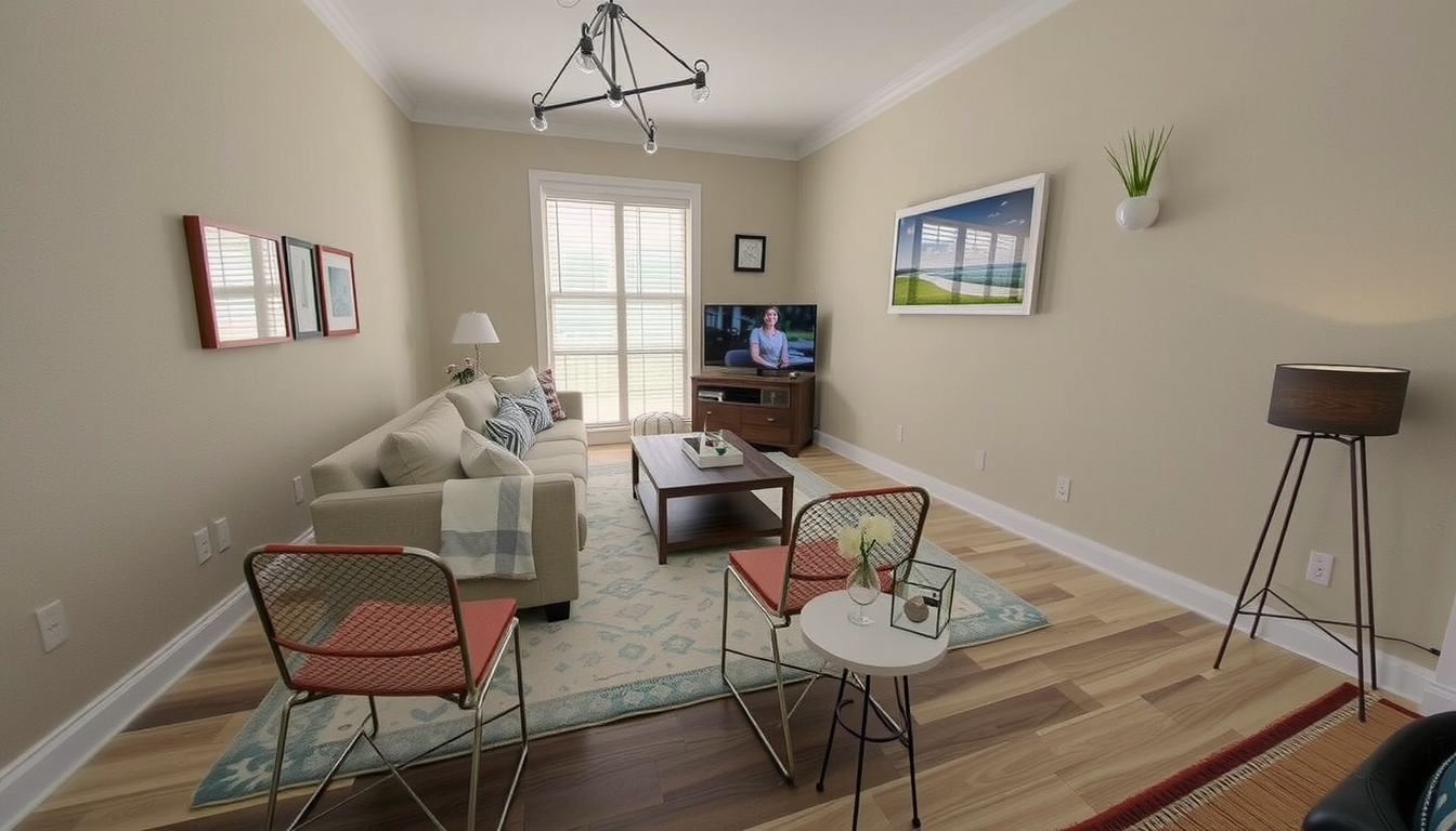 Main art studio: Mount the tv on the right big wall. A nice wooden furniture right under. Big carpet and nice table. Put some art on the walls some plants and some rea