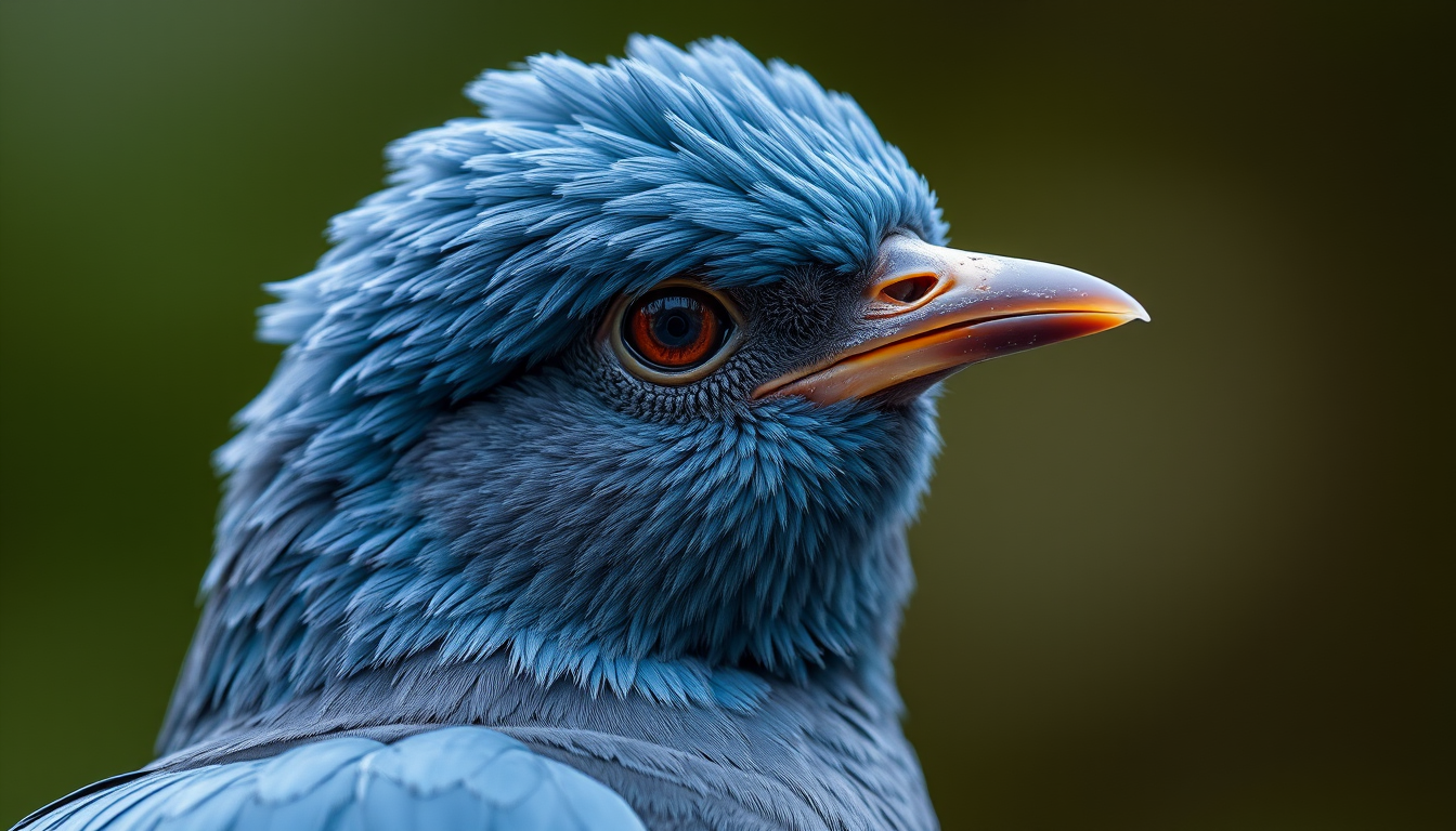 Main art studio: Eine Nahaufnahme von dem Gesicht eines blauen Phönix, nach rechts schauend mit einer leeren Sprechblase daneben