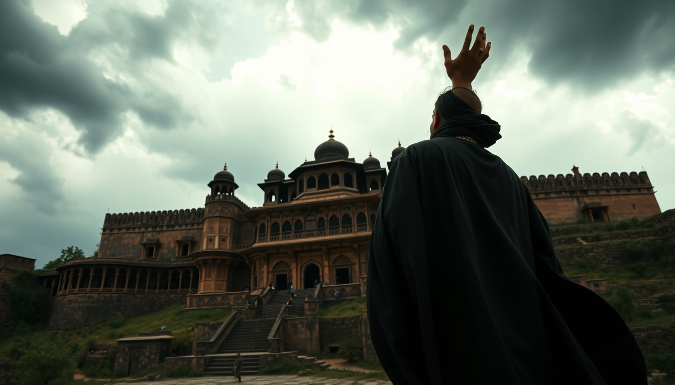 Main art studio: Singhiya standing before the ancient Bhangarh palace, raising one hand toward the sky as dark clouds gather above the fort, wind blowing his dark robe