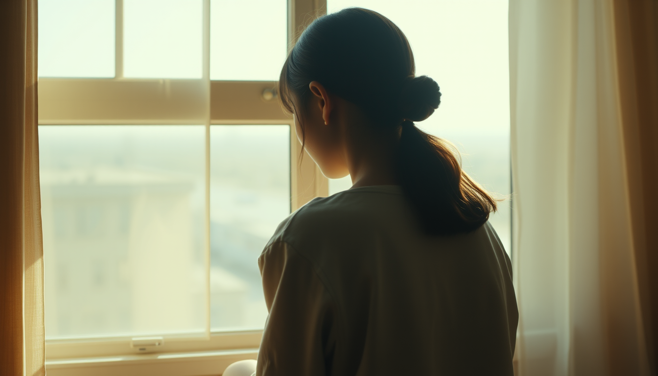 Main art studio: Cinematic 16:9 poetry film. A young woman seen only from behind, sitting quietly beside a window, watching the outside world with innocent curiosity.