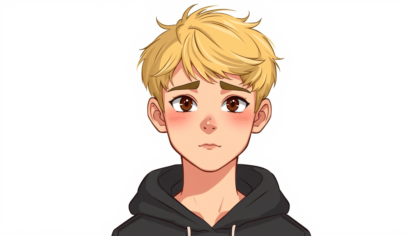 Main art studio: Teen boy with short, natural messy blond hair, brown eyes, neutral relaxed expression, no blush or rosy cheeks, realistic facial proportions, subtle n