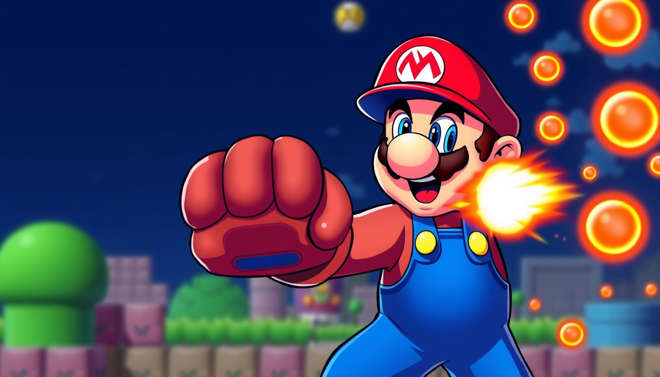 Main art studio: video game assets V G A logo with super mario wearing nintendo power glove shooting fire balls