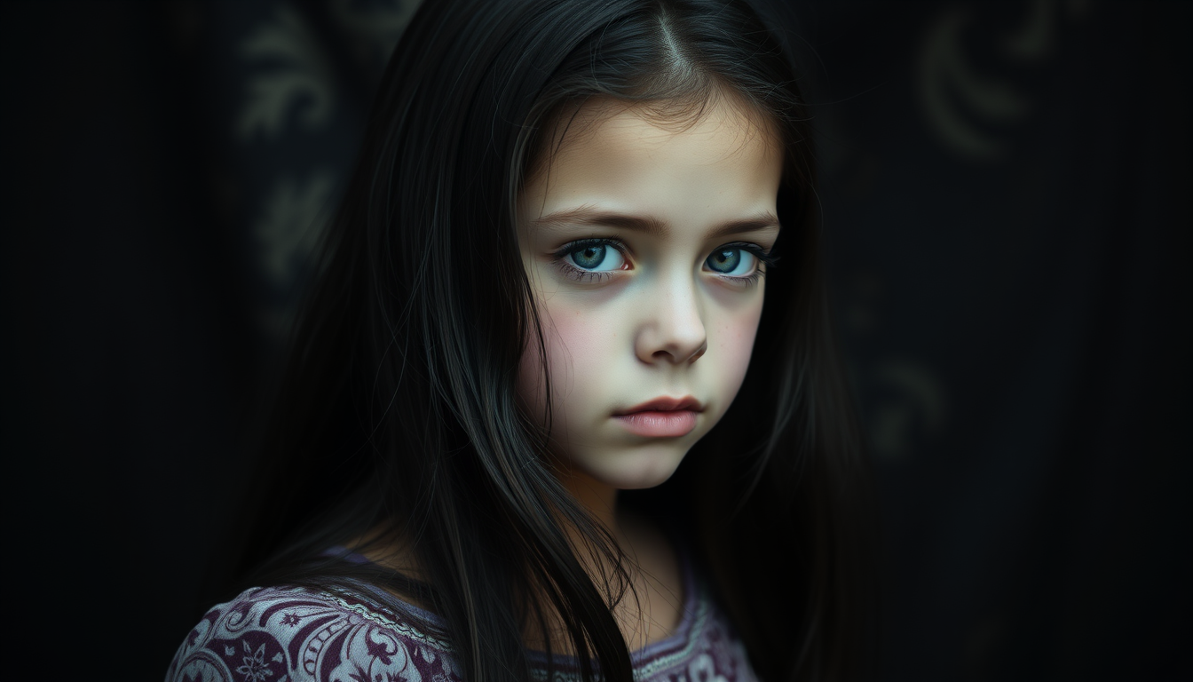 Main art studio: une fille au long cheveux noir et au yeux de couleur rose sombre la fille a les yeux de couleur rose mais un peux sombre