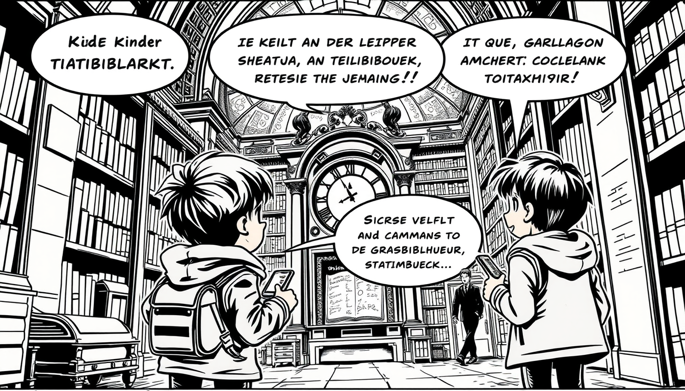 AI Comic idea created from the prompt: comic panel, bold inks, halftone shading, speech-bubble ready composition, Zwei Kinder treffen sich an der Leipziger Stadtbibliothek. Sie fi