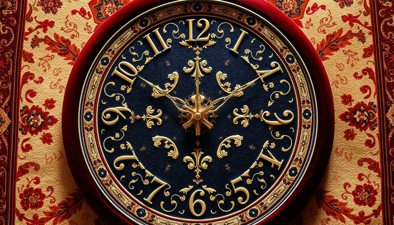 Main art studio: Transform the reference image into a luxurious Persian carpet wall clock. Keep the exact shape and design of the original clock. Cover the surface wit