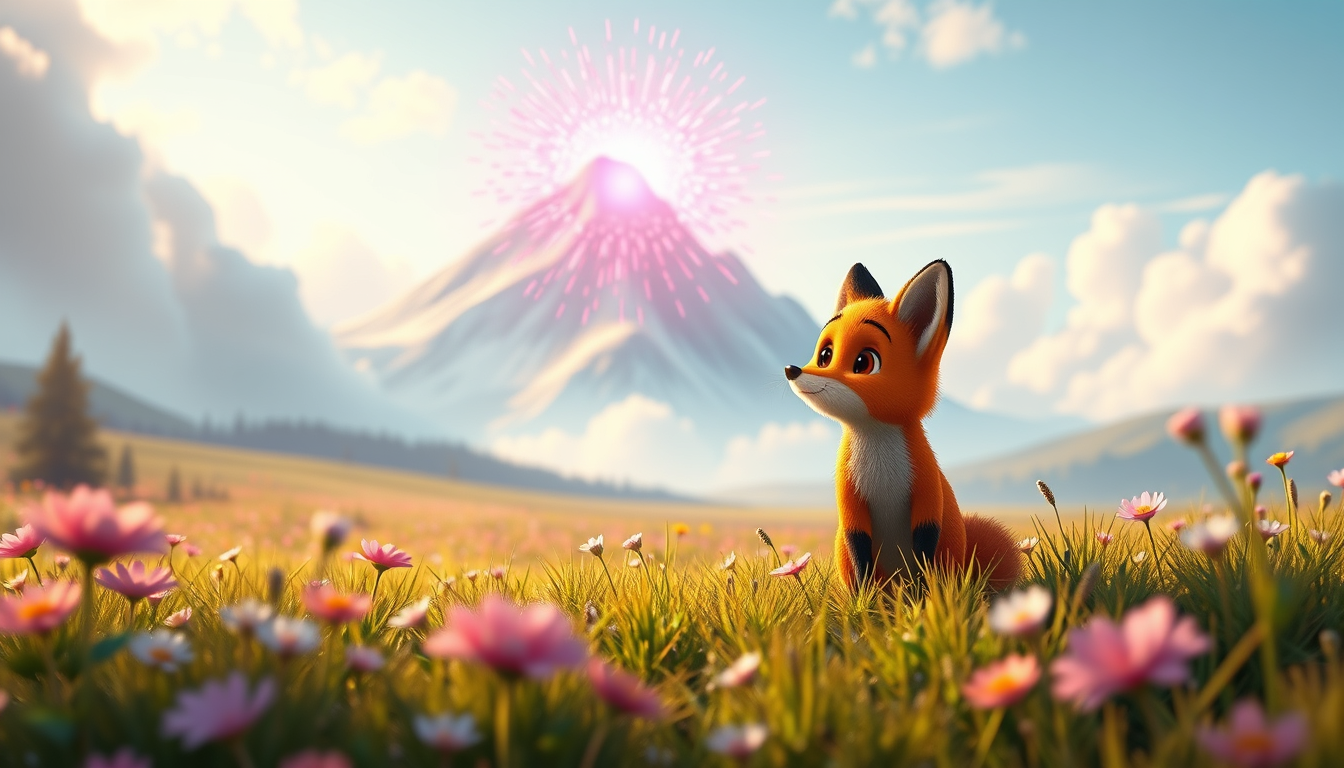 Main art studio: Un adorable petit renard orange court paniqué dans une prairie magique. Derrière lui, une énorme explosion de lumière rose éclate au sommet d'une mont