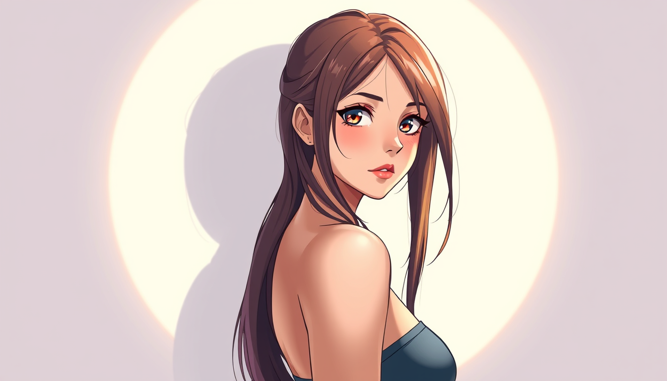 Anime idea created from the prompt: anime style, vibrant colors, expressive eyes, erstelle ein bild von: Einer erwachsenen Frau steht ruhig vor einem schlichten, hellen Hinterg