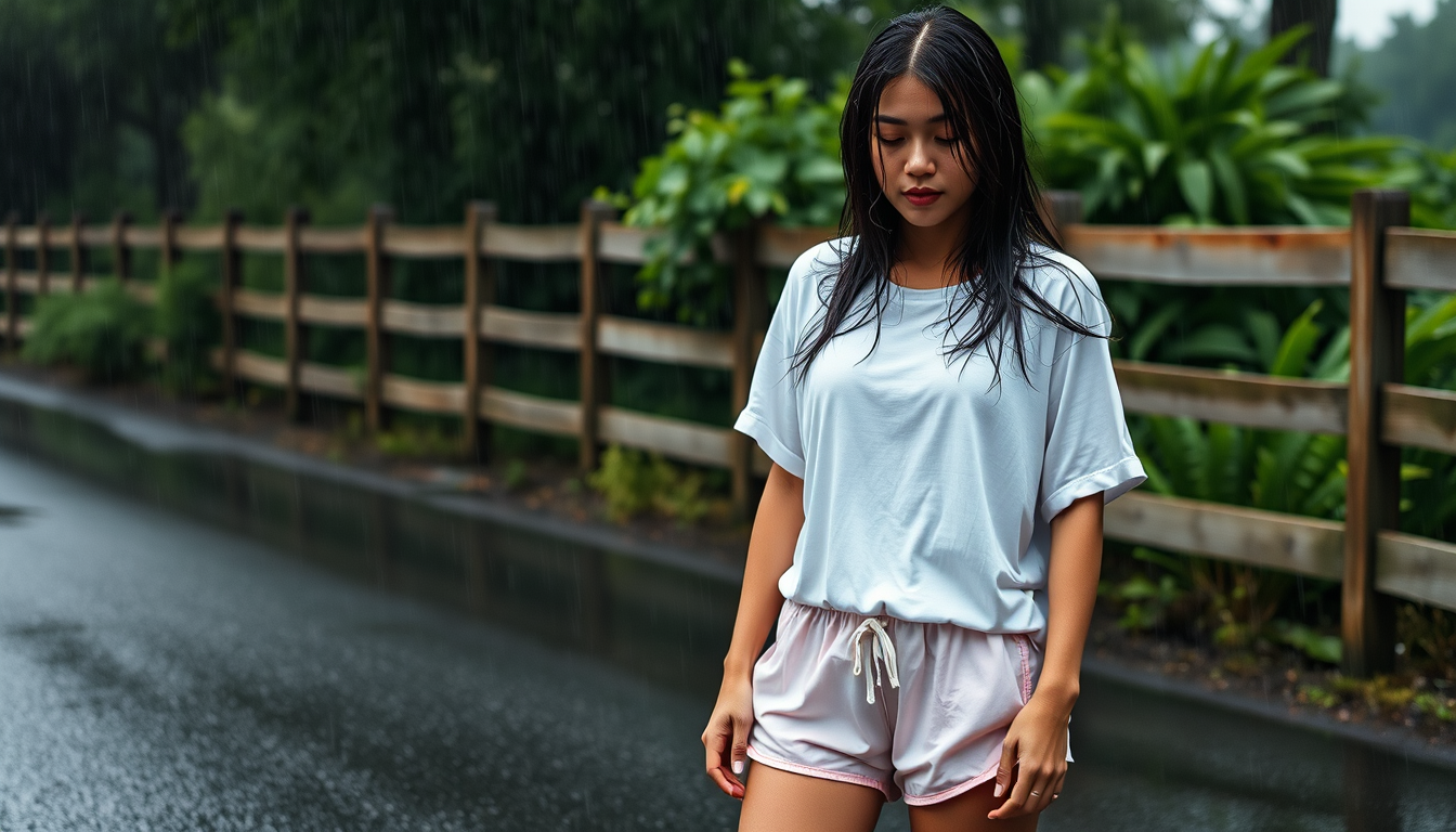Main art studio: A realistic candid outdoor photo of a woman standing in heavy rain on a wet asphalt road next to a wooden fence with lush green foliage in the backgr