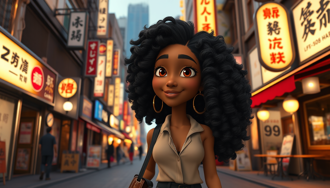 Main art studio: 3D animated movie scene of Brit, a fictional Black woman cartoon character, walking through Tokyo, Japan. She has rich brown skin and very long, thick