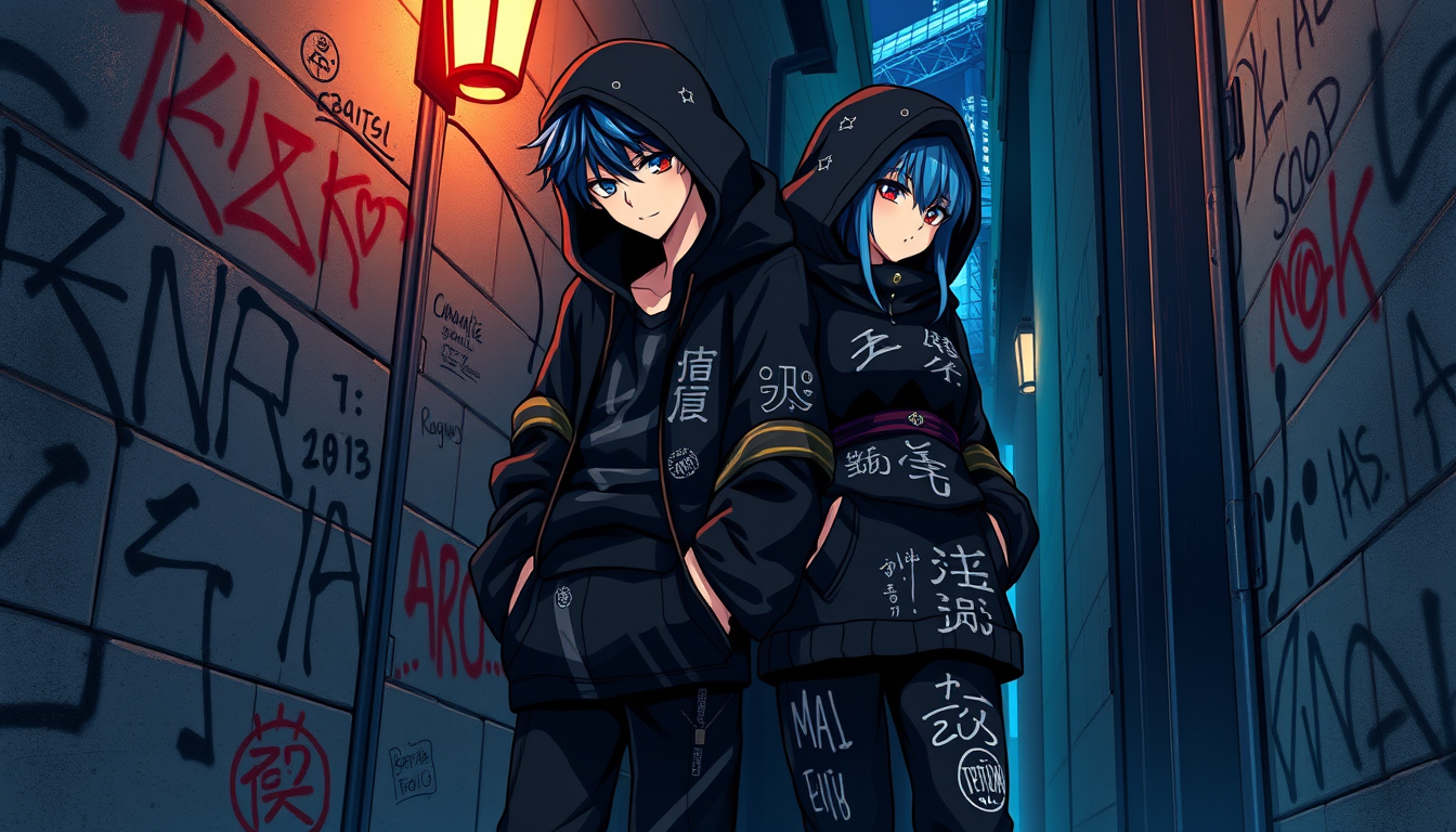 Anime idea: anime style, vibrant colors, expressive eyes, Stile anime giapponese dark. Un ragazzo dai capelli scuri e una ragazza con punte dei capelli blu dormon