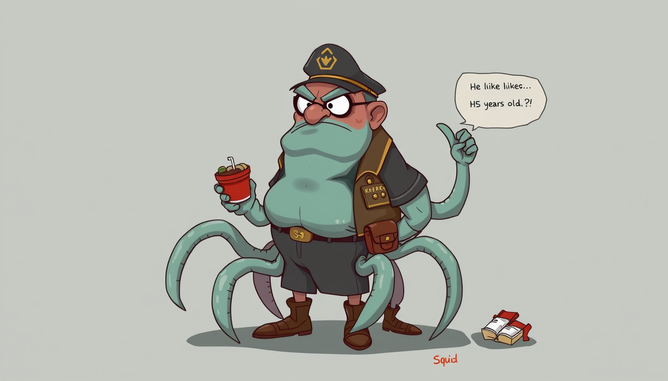 Characters idea: original character design, detailed outfit and accessories, expressive personality, Squid, hes a dad, hes fat, has 8 legs, has a captain hat, lives on