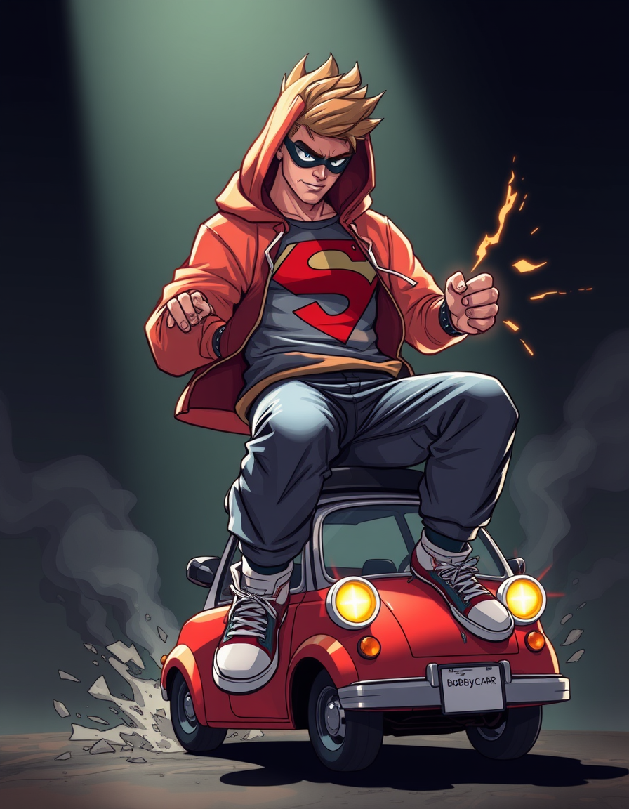 Superhero idea created from the prompt: original superhero character design, dynamic pose, bold costume, dramatic lighting, comic art energy, verschlafener Typ, ziemlich klein – Ho