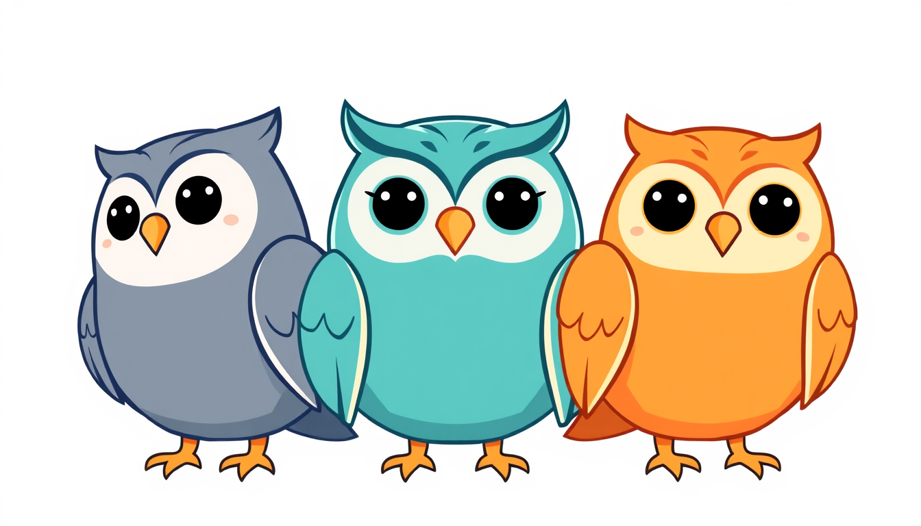 Main art studio: Professional mascot logo for a modern university study app. Exactly three charming gender-neutral owl characters in a row. Left owl is blue-gray, faci