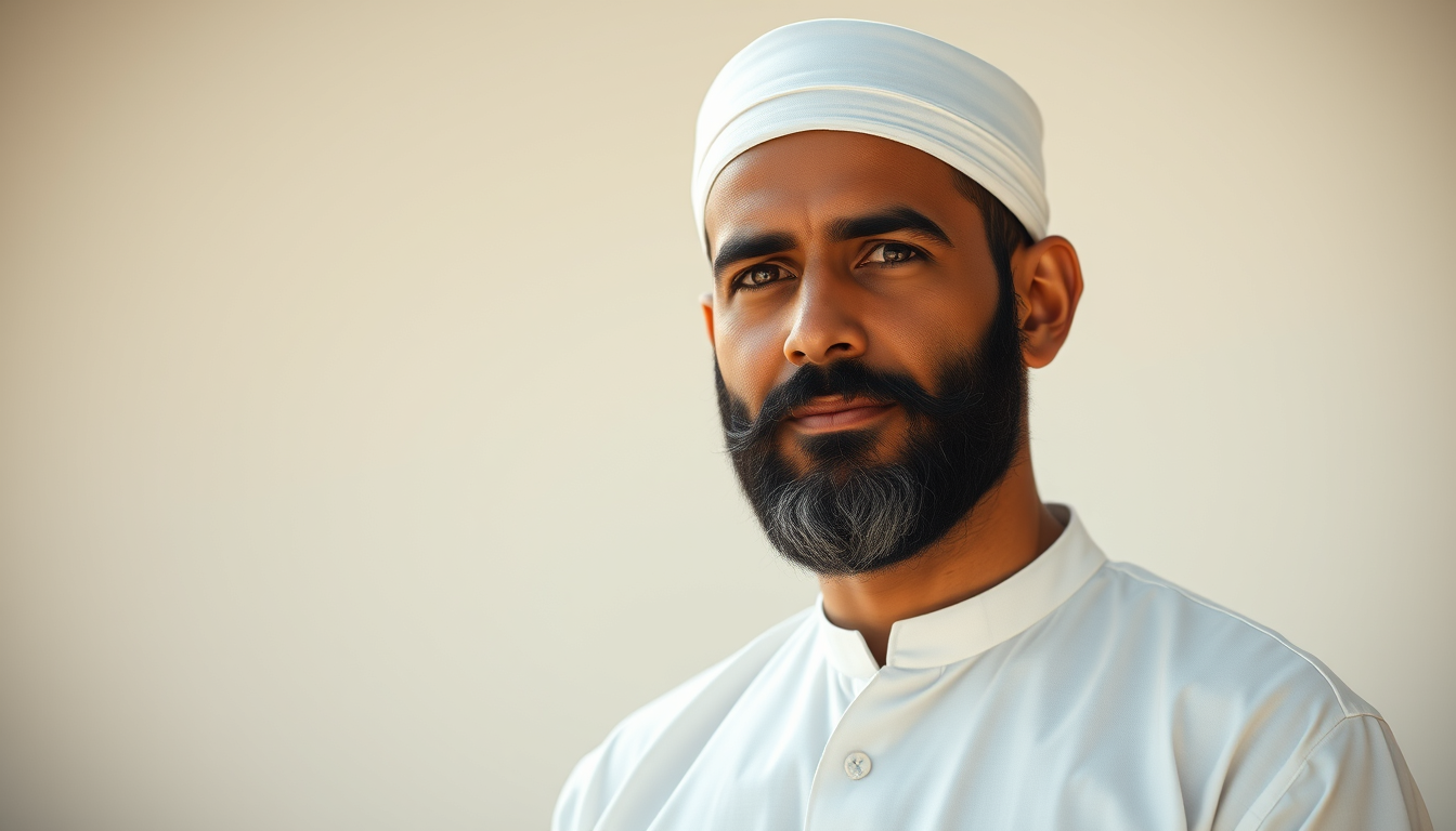 Main art studio: "A 30-year-old kind Muslim man with a short black beard, wearing a white kurta and white cap, realistic face, calm expression, standing naturally, ult