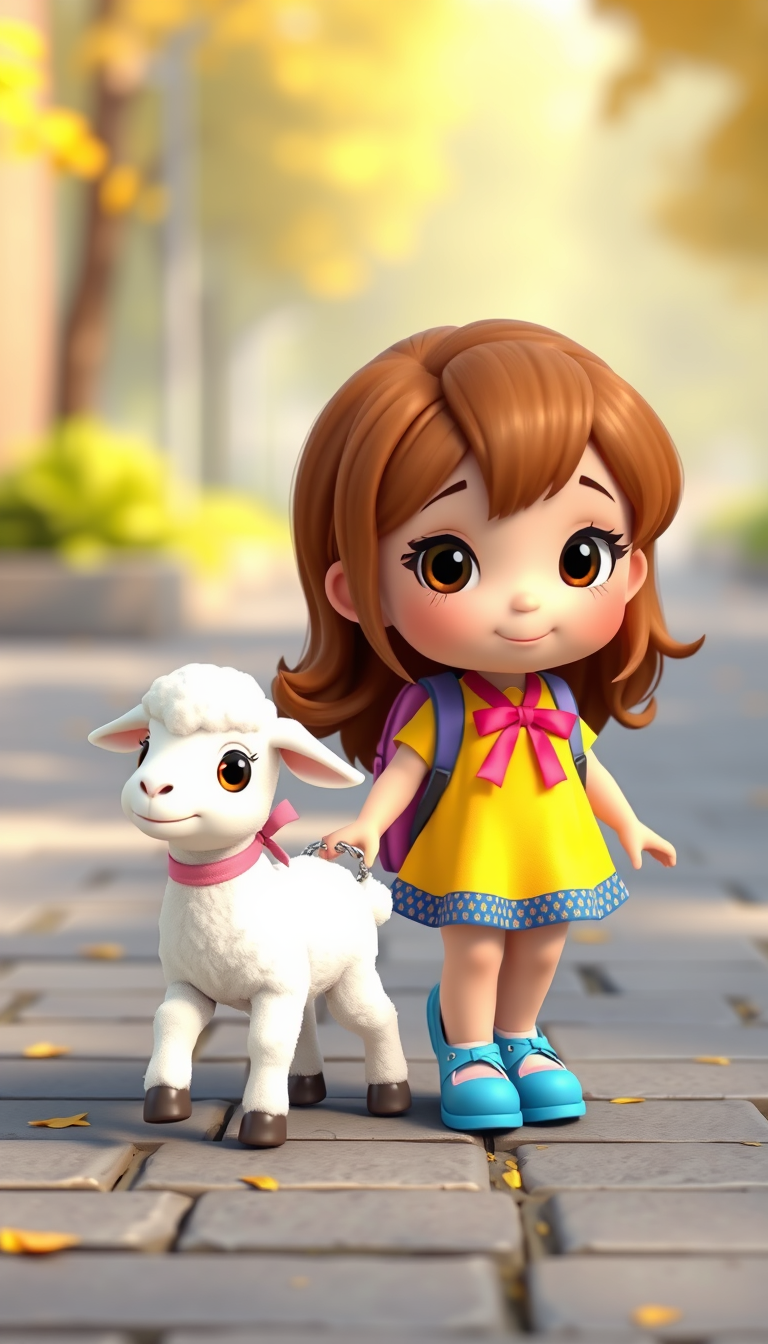 Main art studio: Cute little girl with brown hair, wearing a yellow dress and blue shoes, with a fluffy white lamb with a pink ribbon around its neck, adorable 3D chil